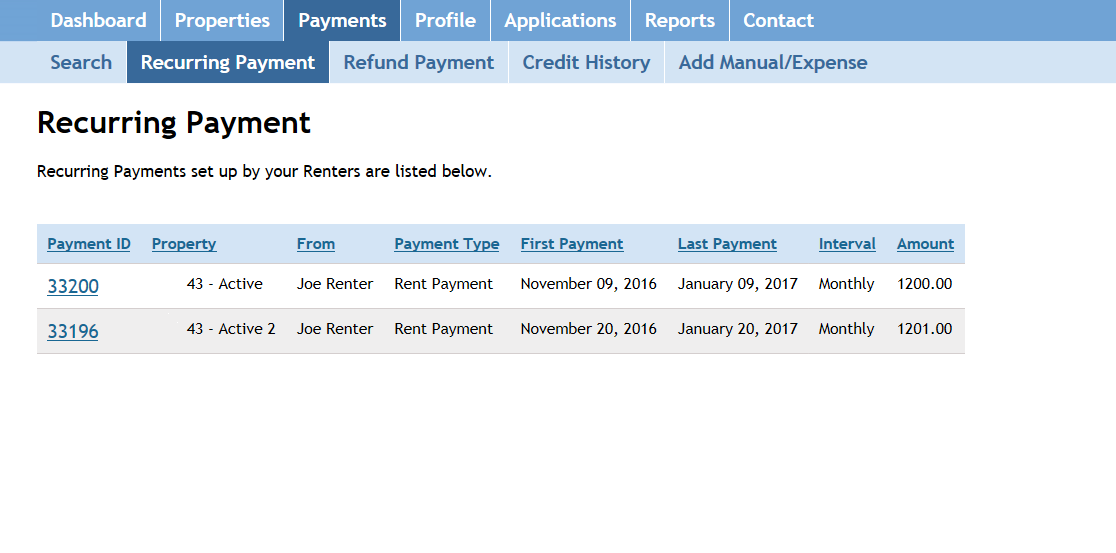 Screenshot: Recurring Payment