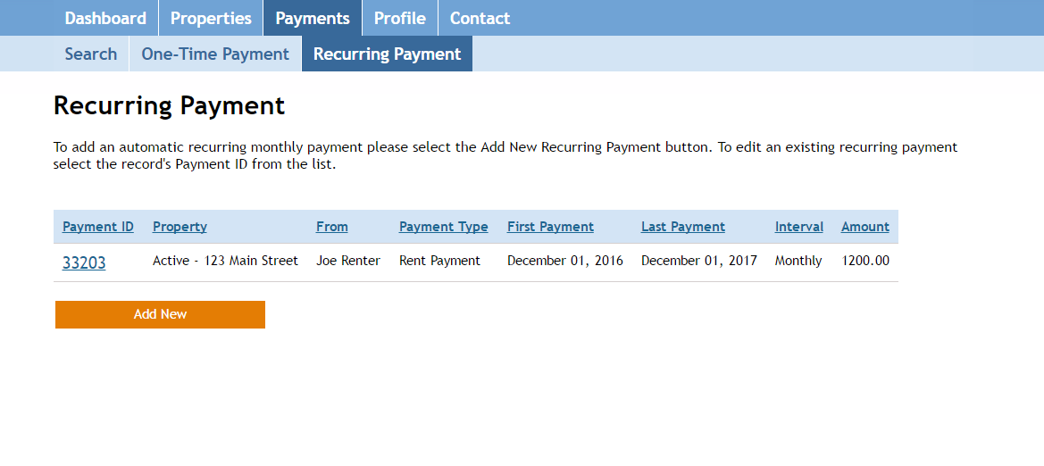 Screenshot: Renter Recurring Payments